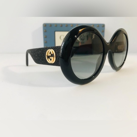 Gucci Black/ Grey Gradient GG0101S Shimmer Round Sunglasses
